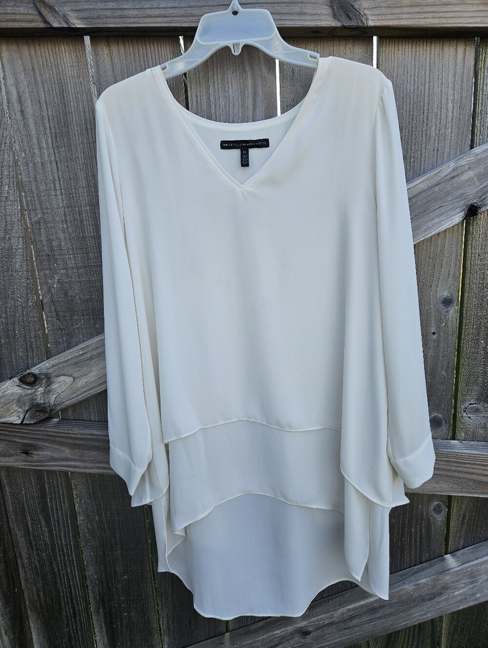 White House Black Market Women's White Chiffon V-Neck 3/4 Sleeve Blouse Size 12